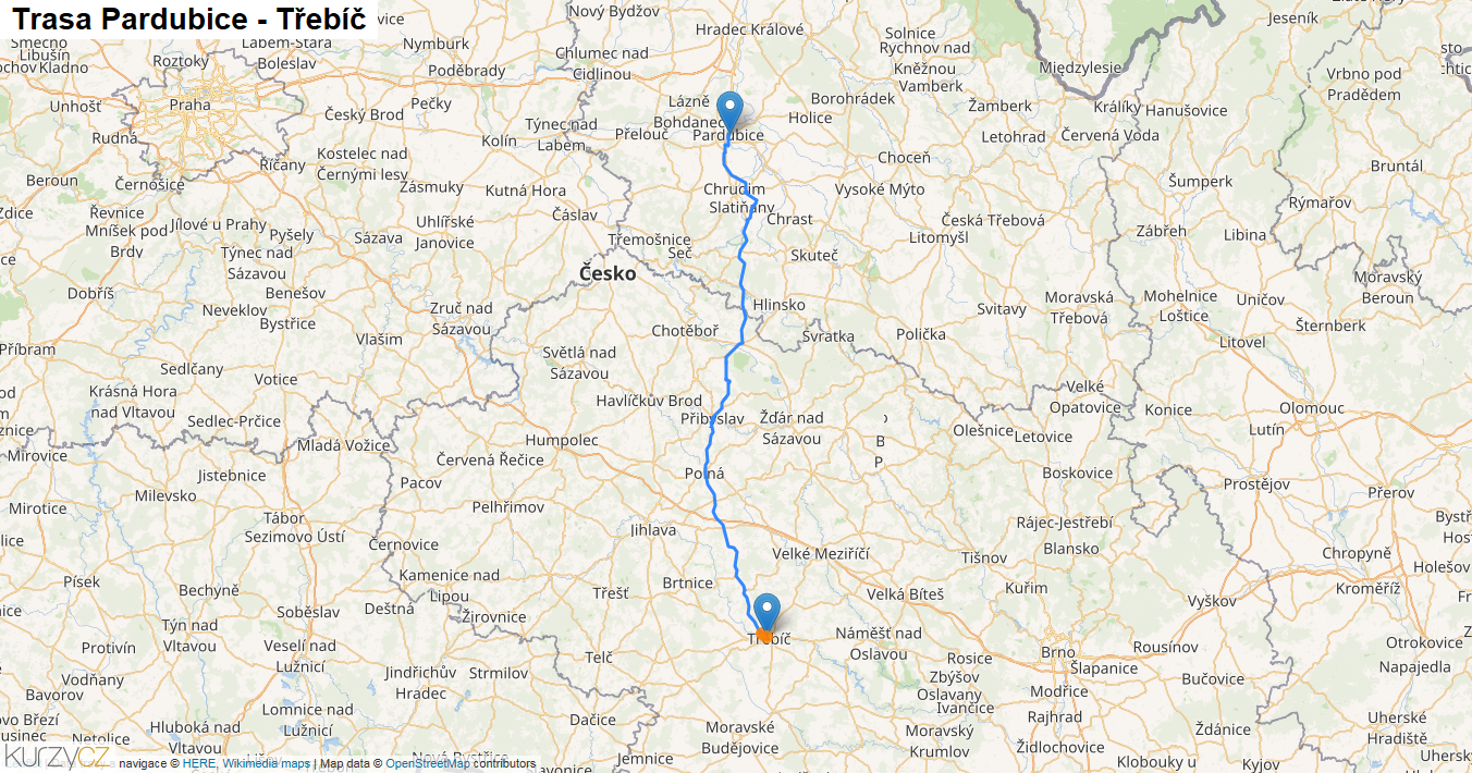 Pardubice-Třebíč, mapa trasy