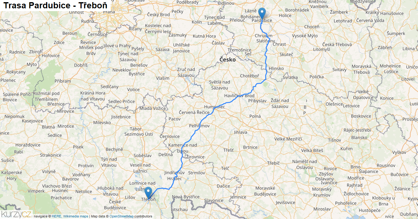 Pardubice-Třeboň, mapa trasy