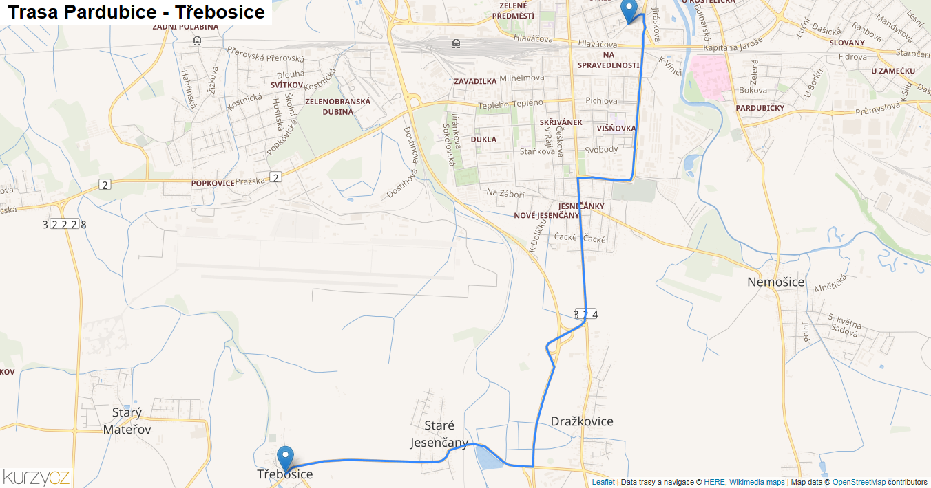 Pardubice-Třebosice, mapa trasy