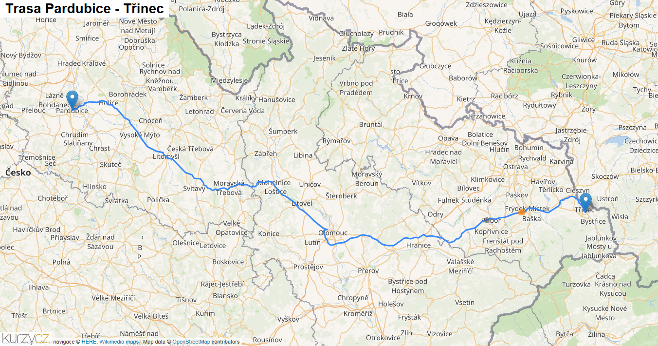 Pardubice-Třinec, mapa trasy