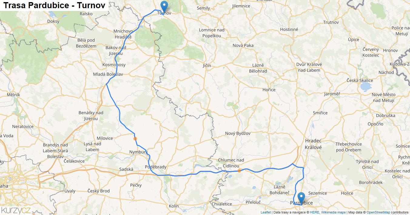 Pardubice-Turnov, mapa trasy