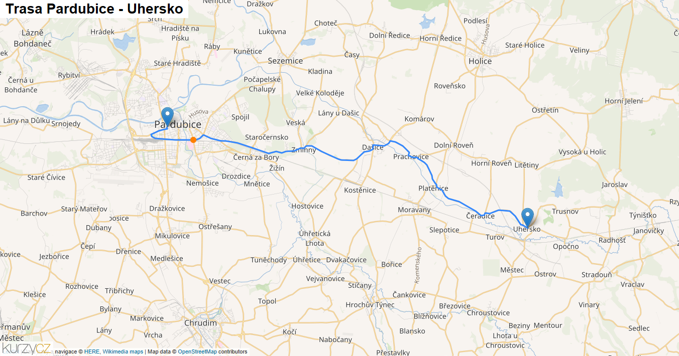 Pardubice-Uhersko, mapa trasy