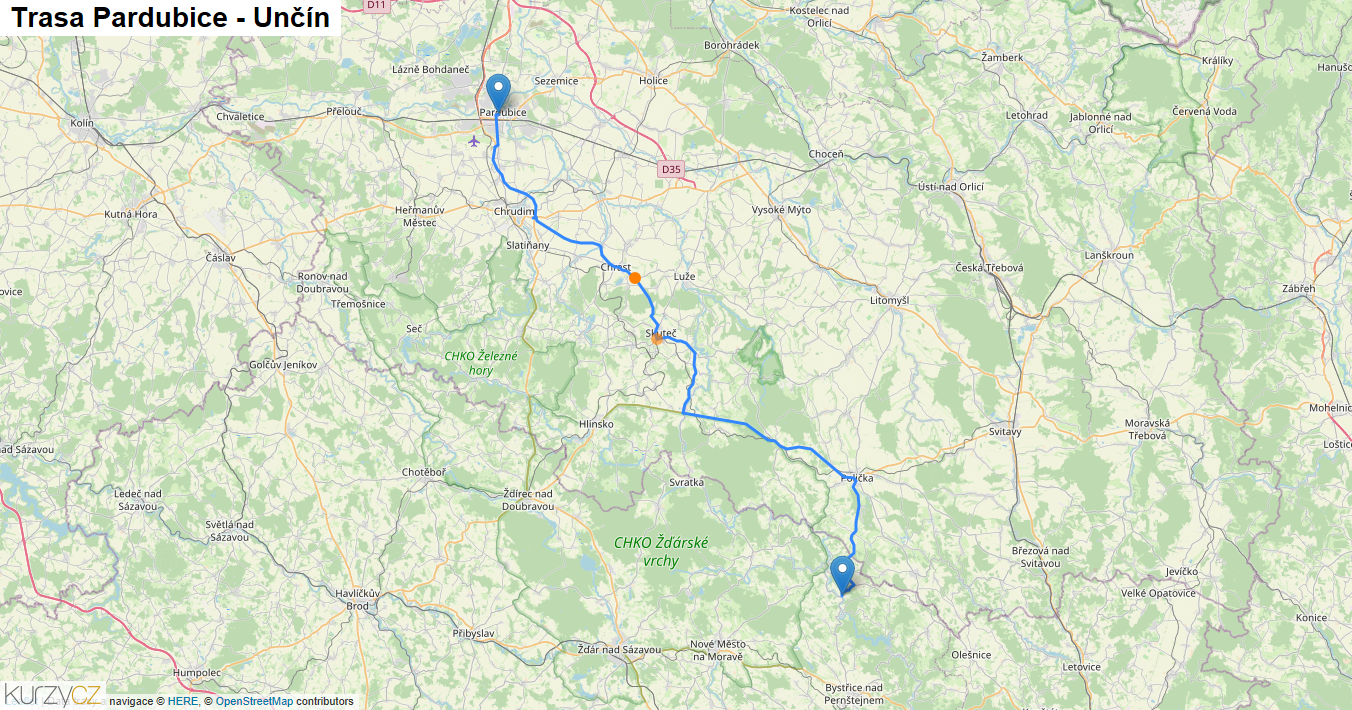 Pardubice-Unčín, mapa trasy