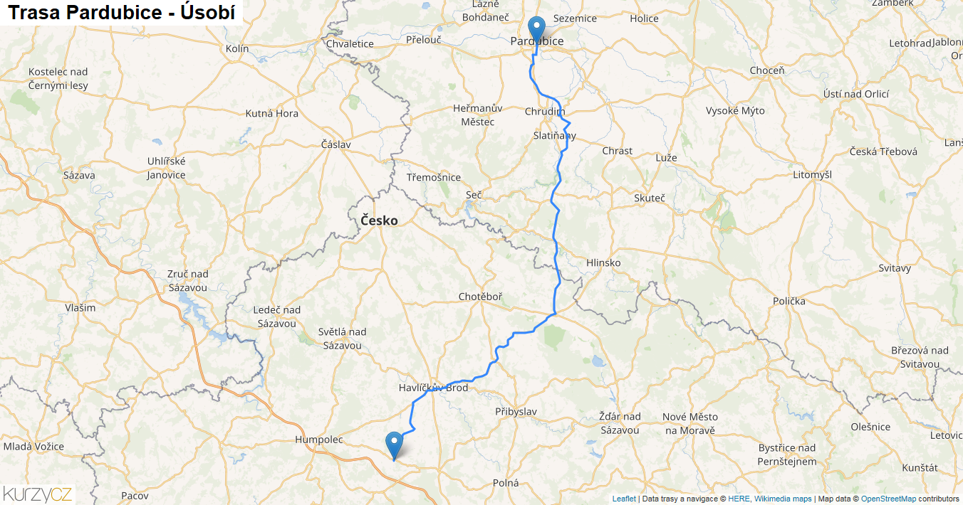 Pardubice-Úsobí, mapa trasy