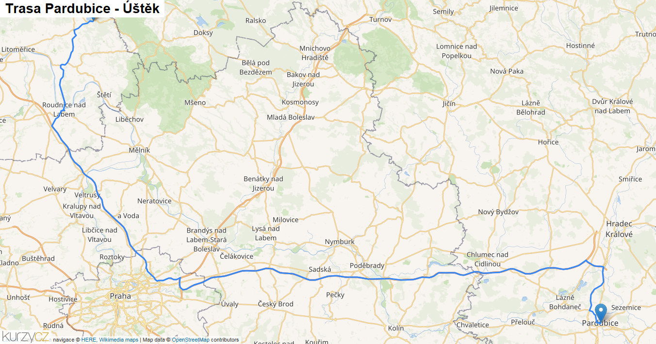 Pardubice-Úštěk, mapa trasy