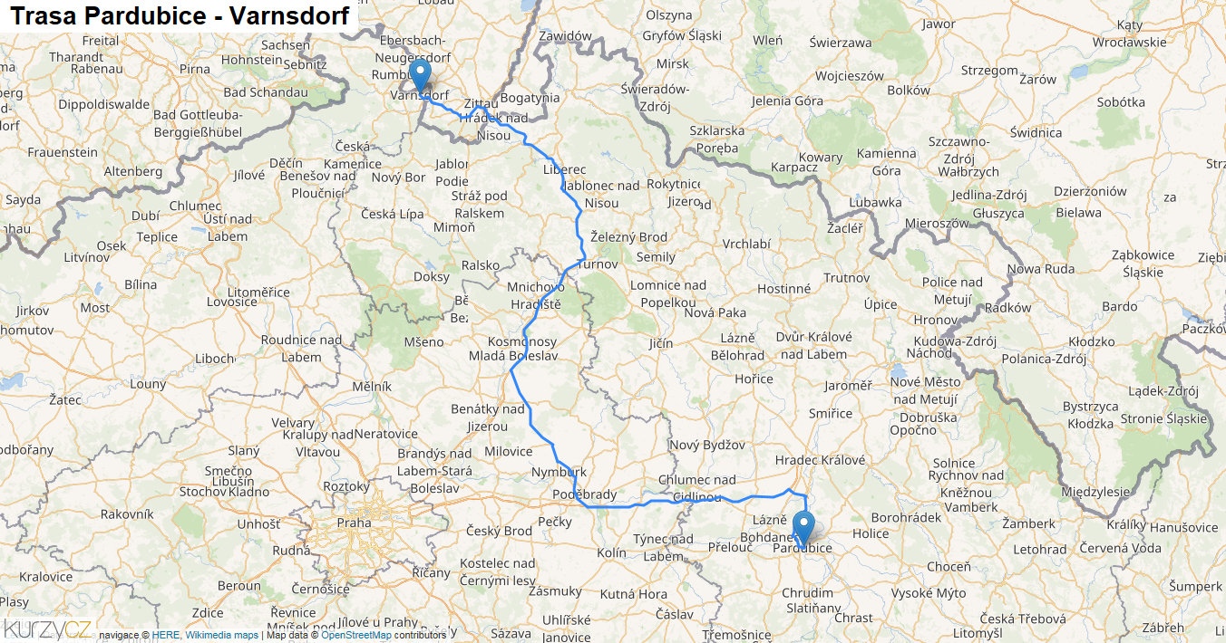 Pardubice-Varnsdorf, mapa trasy
