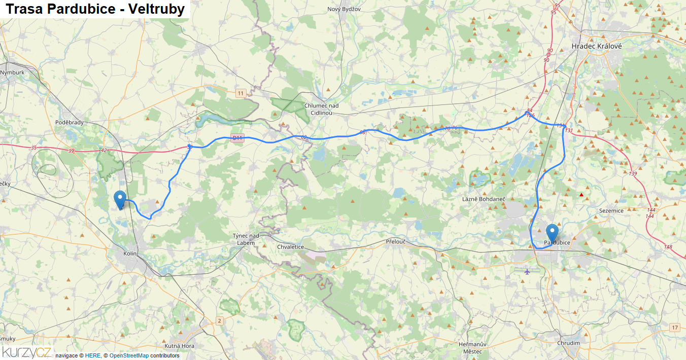 Pardubice-Veltruby, mapa trasy
