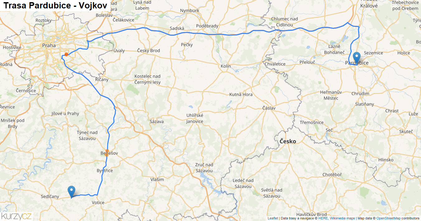 Pardubice-Vojkov, mapa trasy