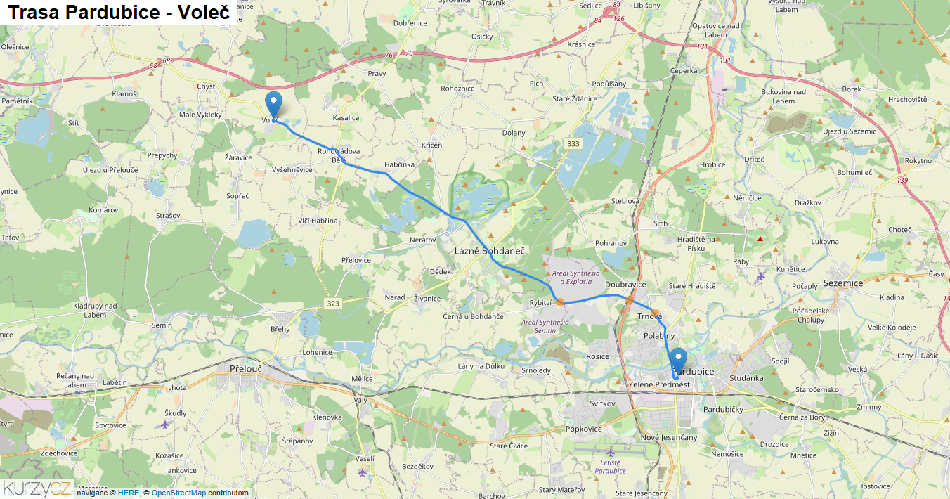 Pardubice-Voleč, mapa trasy