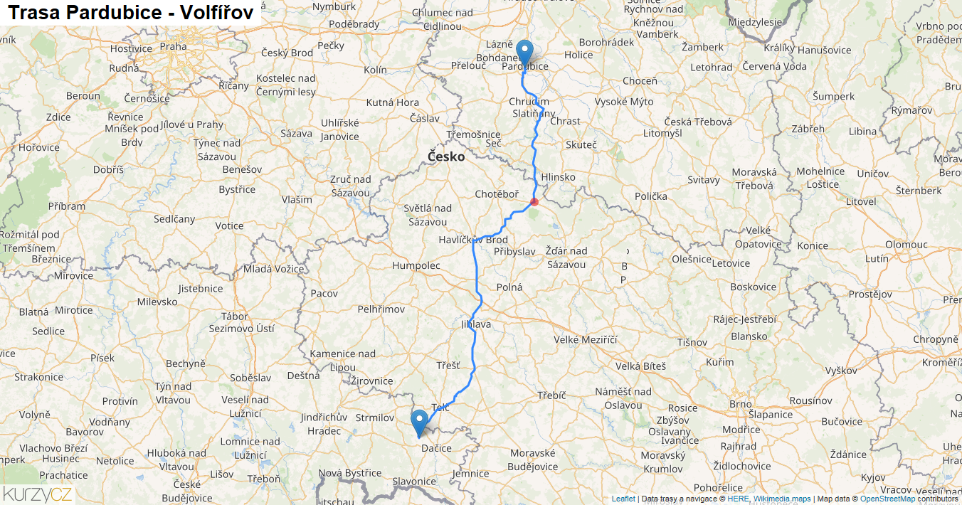 Pardubice-Volfířov, mapa trasy