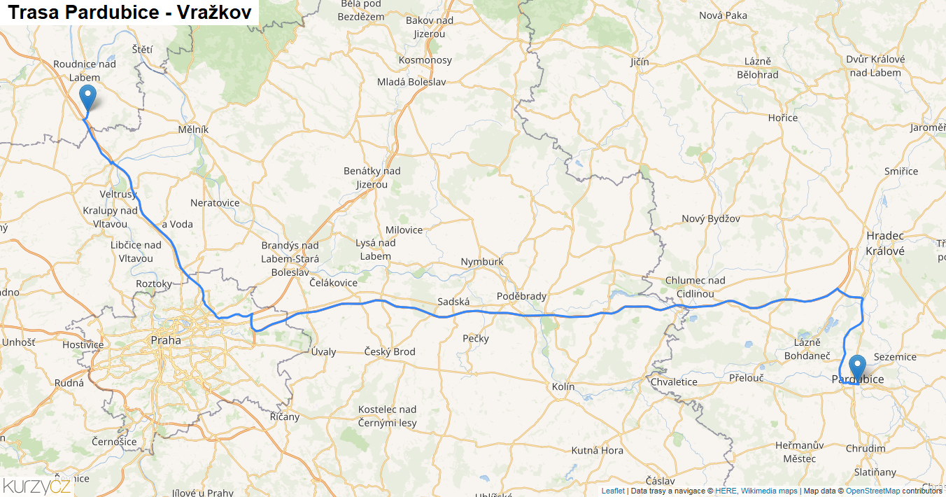 Pardubice-Vražkov, mapa trasy
