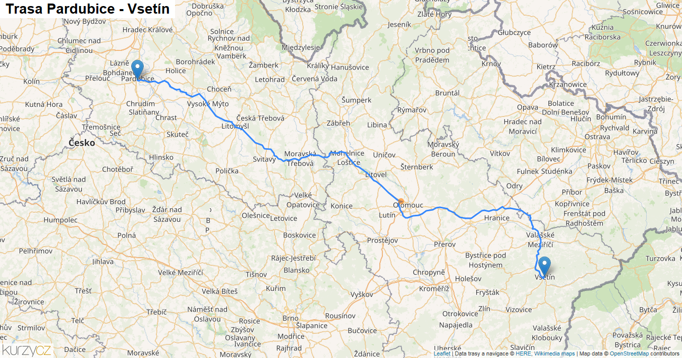 Pardubice-Vsetín, mapa trasy