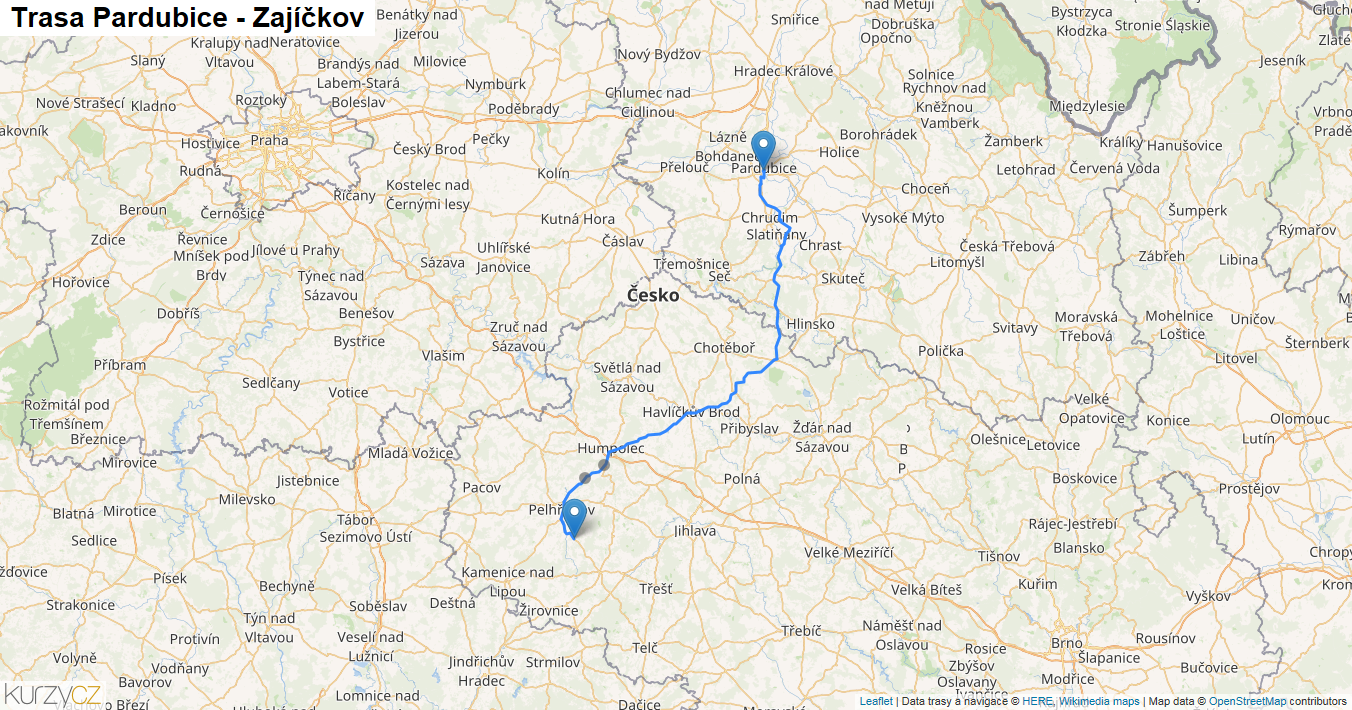 Pardubice-Zajíčkov, mapa trasy