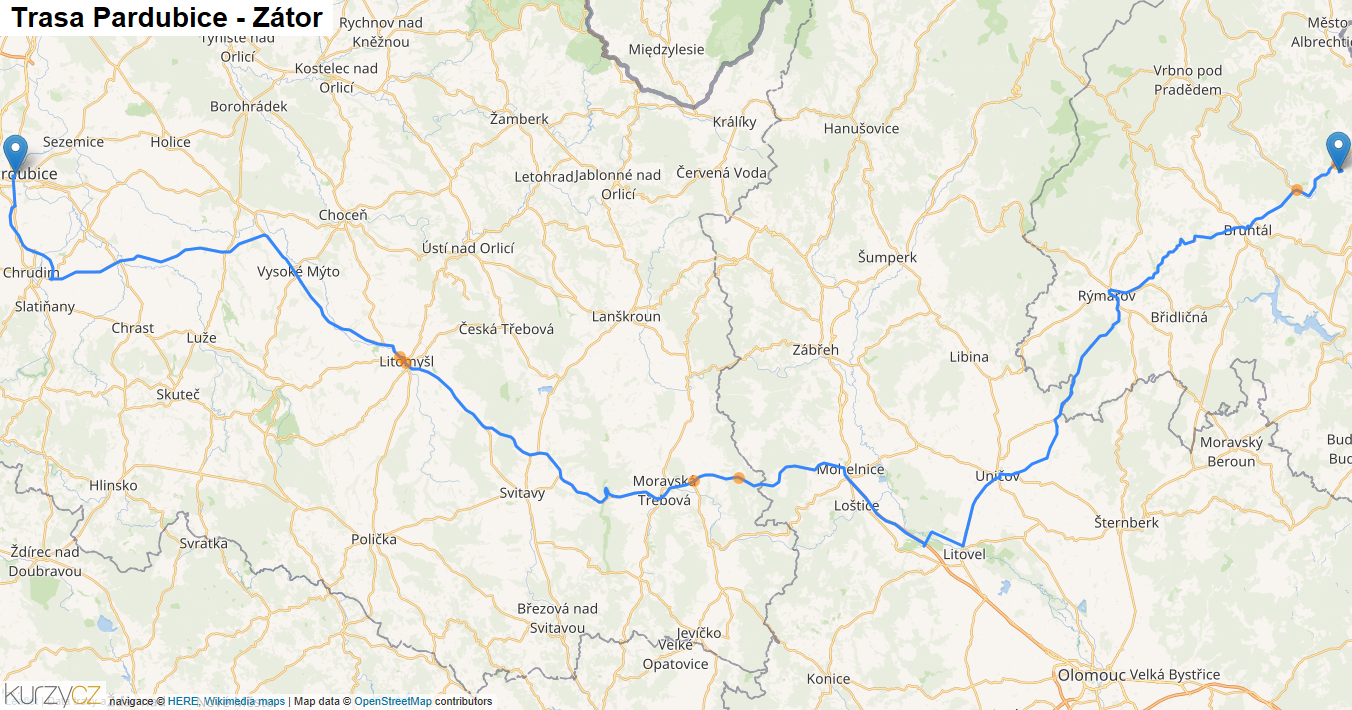 Pardubice-Zátor, mapa trasy
