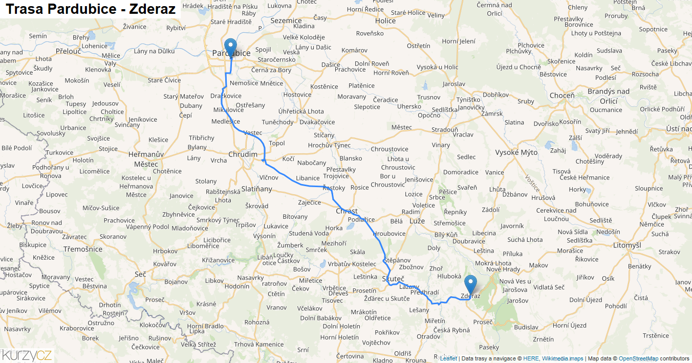 Pardubice-Zderaz, mapa trasy