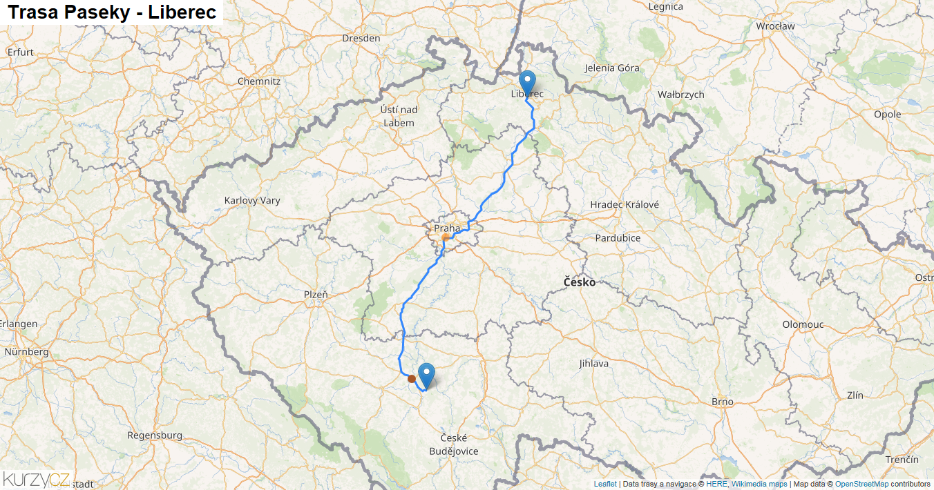 Paseky-Liberec, mapa trasy