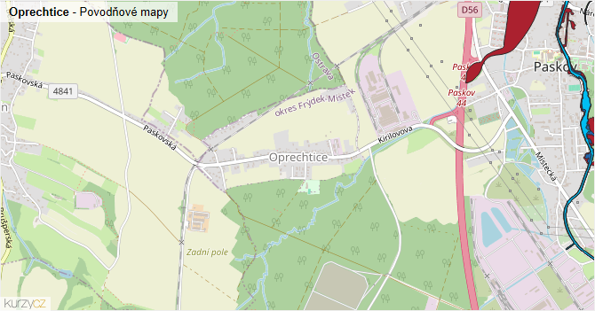 Oprechtice - záplavové mapy stoleté vody