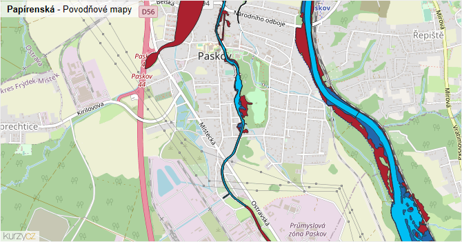 Papírenská - záplavové mapy stoleté vody
