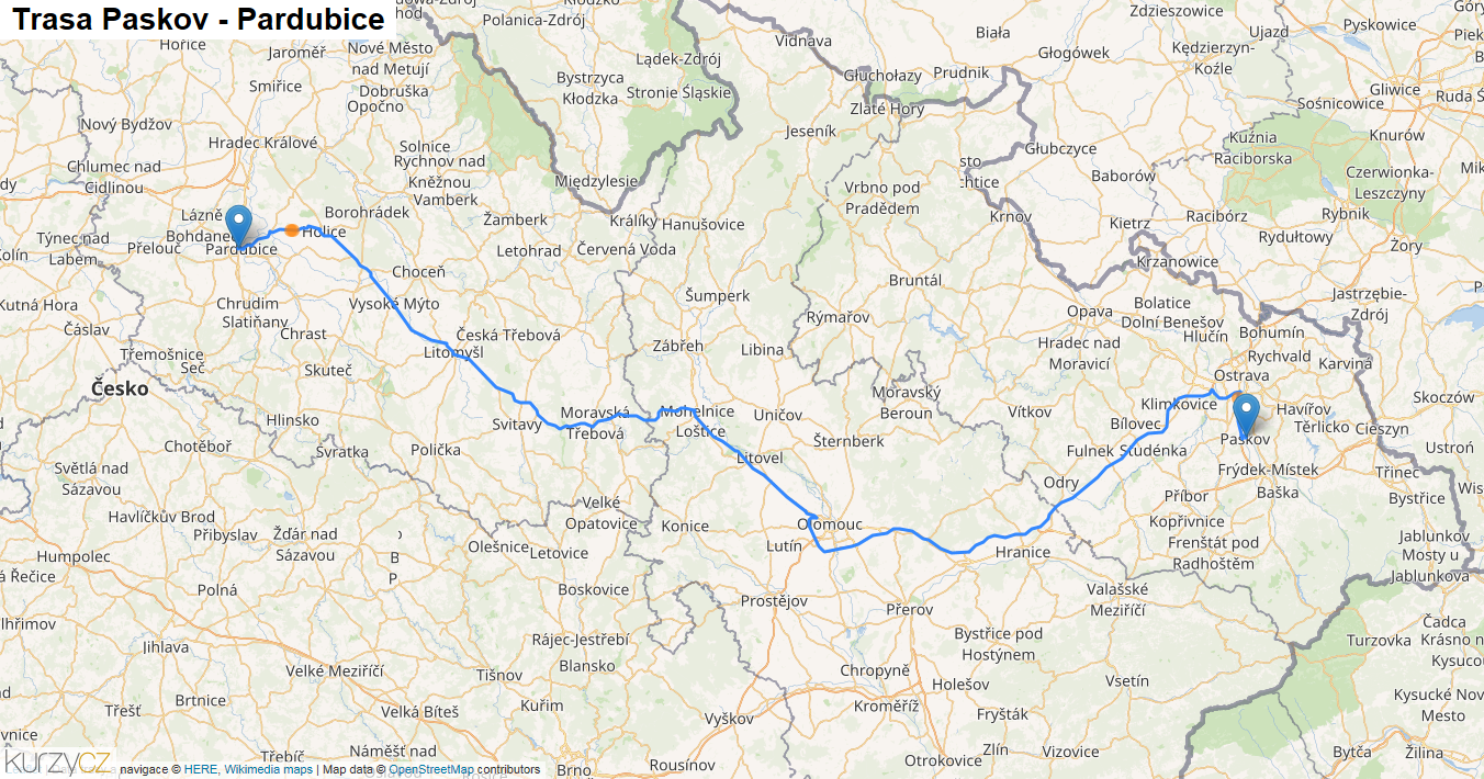 Paskov-Pardubice, mapa trasy