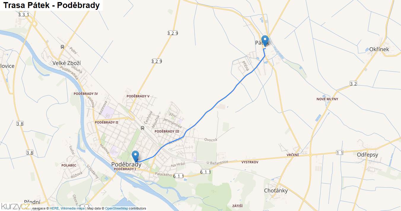 Pátek-Poděbrady, mapa trasy