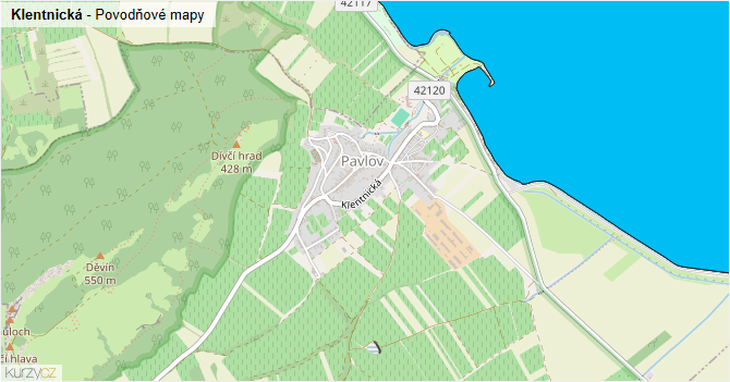 Klentnická - záplavové mapy stoleté vody
