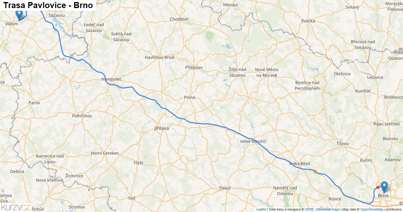 Pavlovice-Brno, mapa trasy