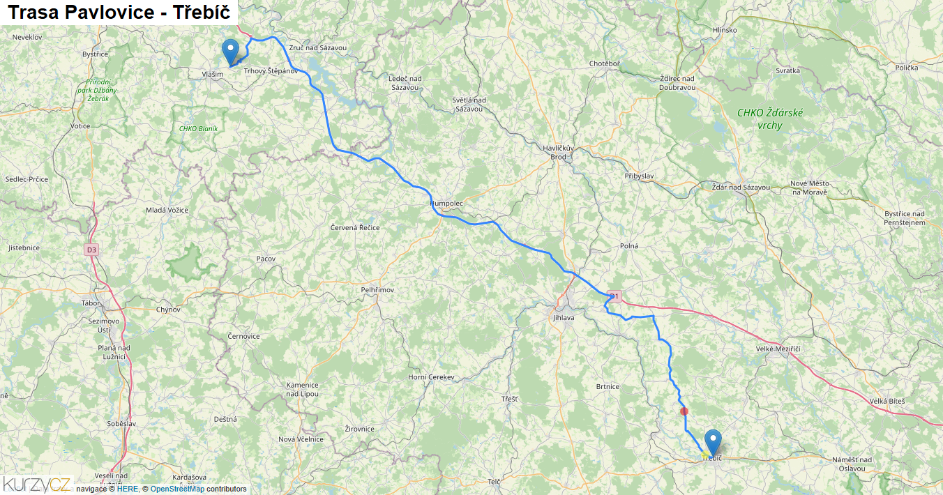 Pavlovice-Třebíč, mapa trasy