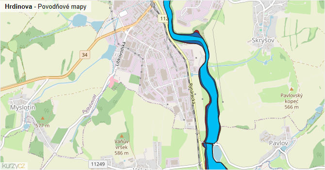 Hrdinova - záplavové mapy stoleté vody