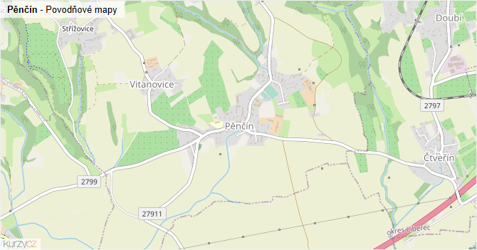 Pěnčín - záplavové mapy stoleté vody