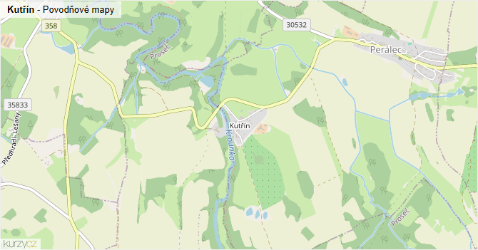 Kutřín - záplavové mapy stoleté vody