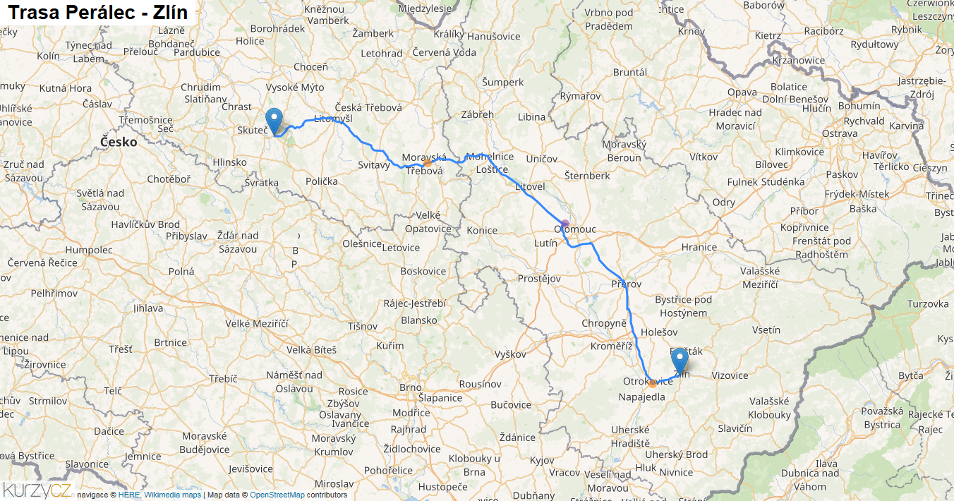 Perálec-Zlín, mapa trasy