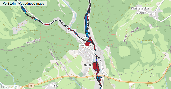 Perštejn - záplavové mapy stoleté vody