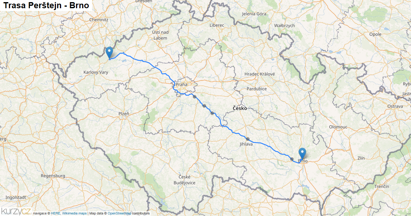 Perštejn-Brno, mapa trasy