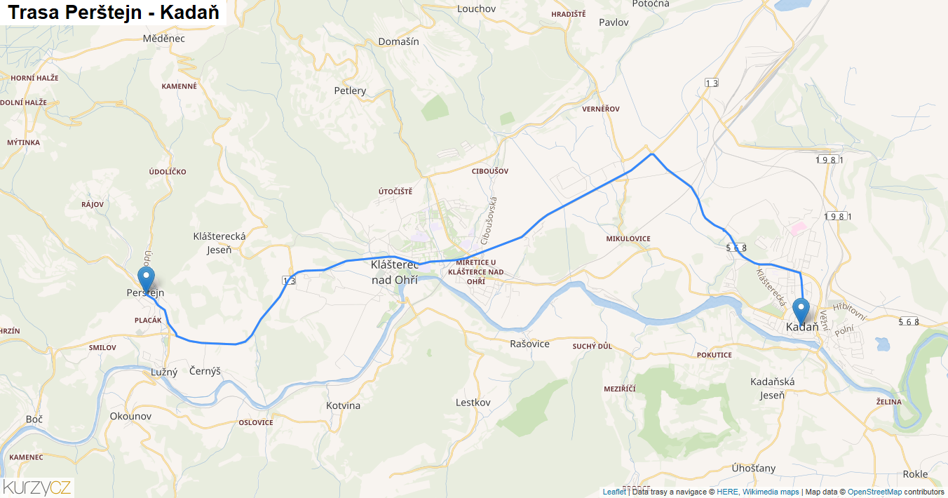 Perštejn-Kadaň, mapa trasy