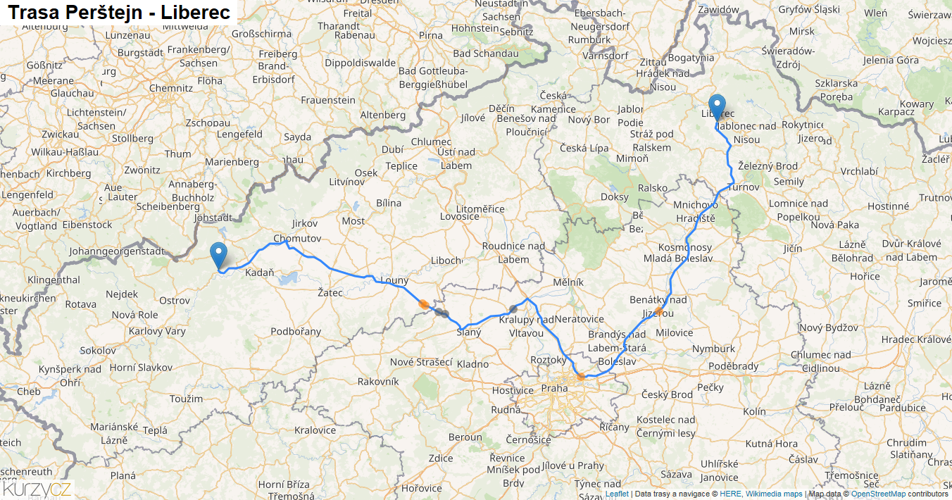 Perštejn-Liberec, mapa trasy