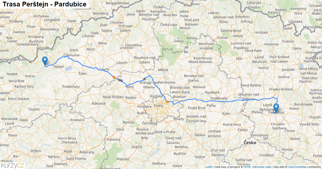 Perštejn-Pardubice, mapa trasy