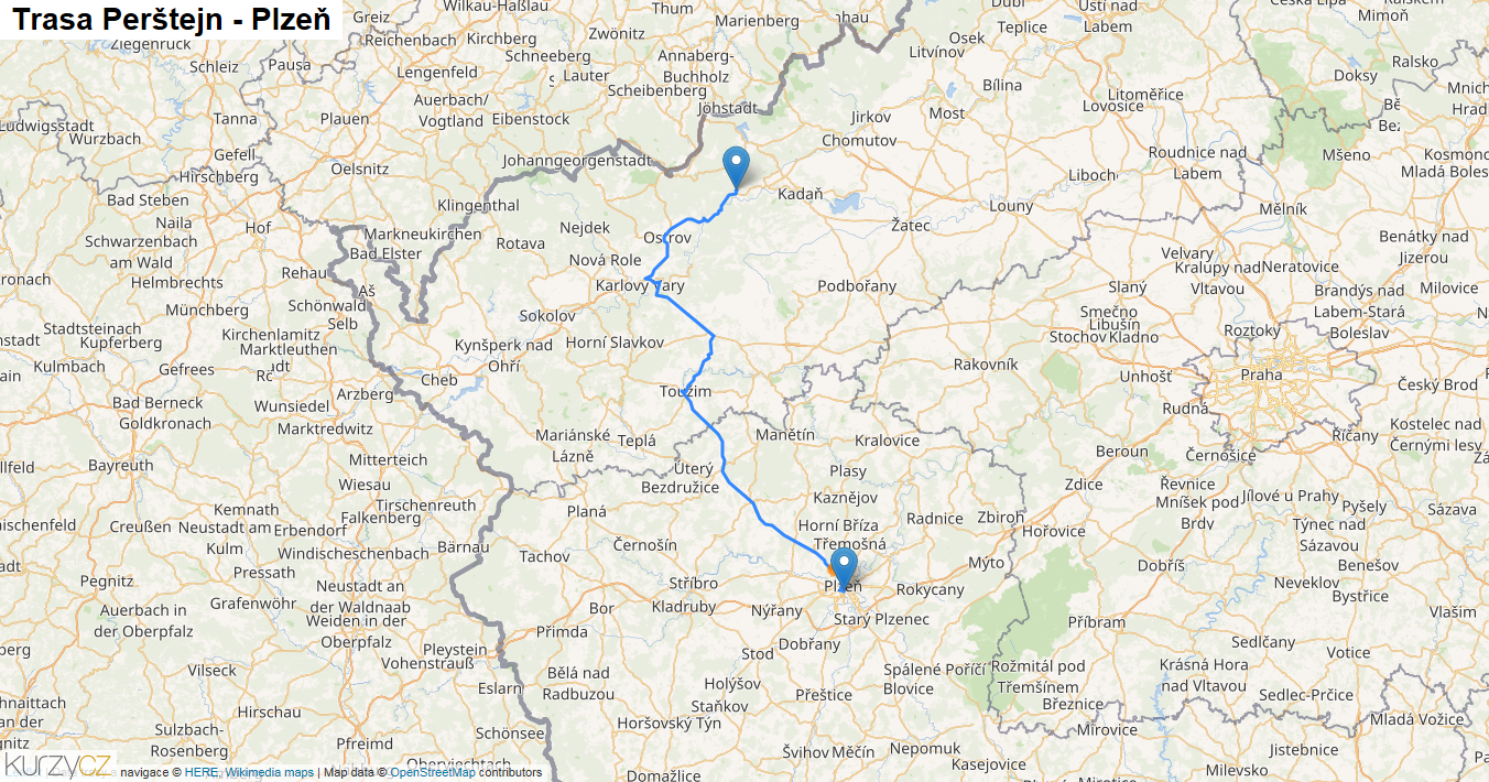 Perštejn-Plzeň, mapa trasy
