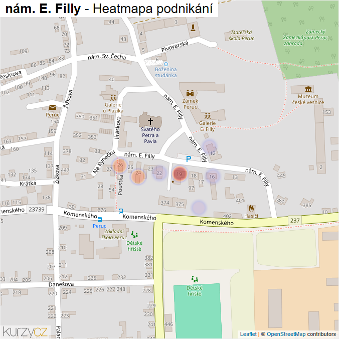 Mapa nám. E. Filly - Firmy v ulici.