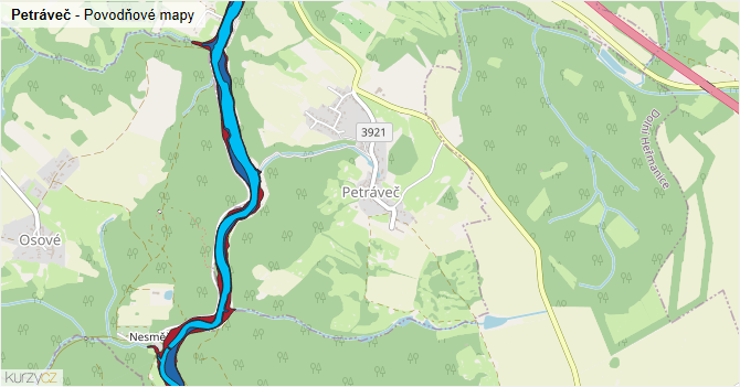 Petráveč - záplavové mapy stoleté vody