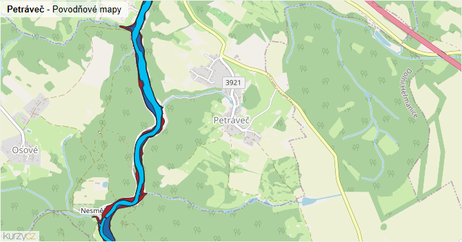 Petráveč - záplavové mapy stoleté vody