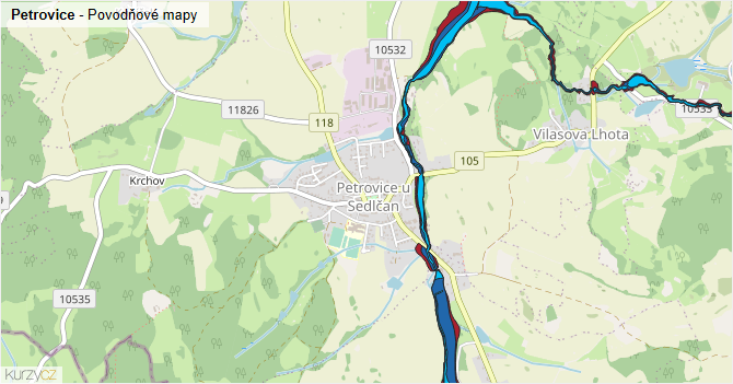 Petrovice - záplavové mapy stoleté vody