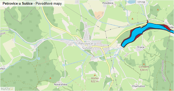 Petrovice u Sušice - záplavové mapy stoleté vody