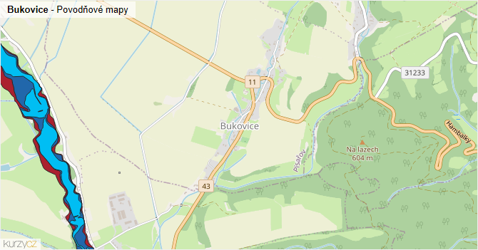 Bukovice - záplavové mapy stoleté vody