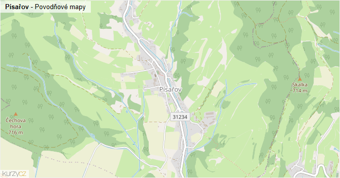 Písařov - záplavové mapy stoleté vody