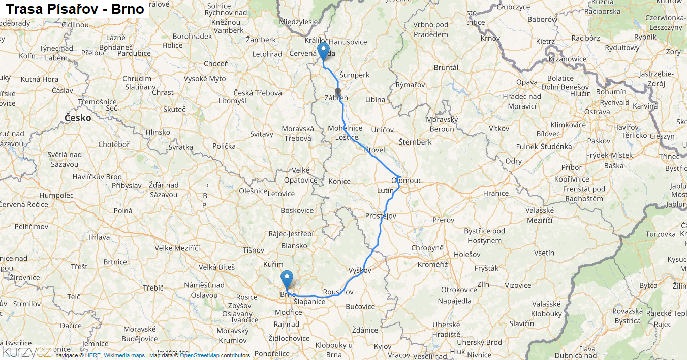 Písařov-Brno, mapa trasy