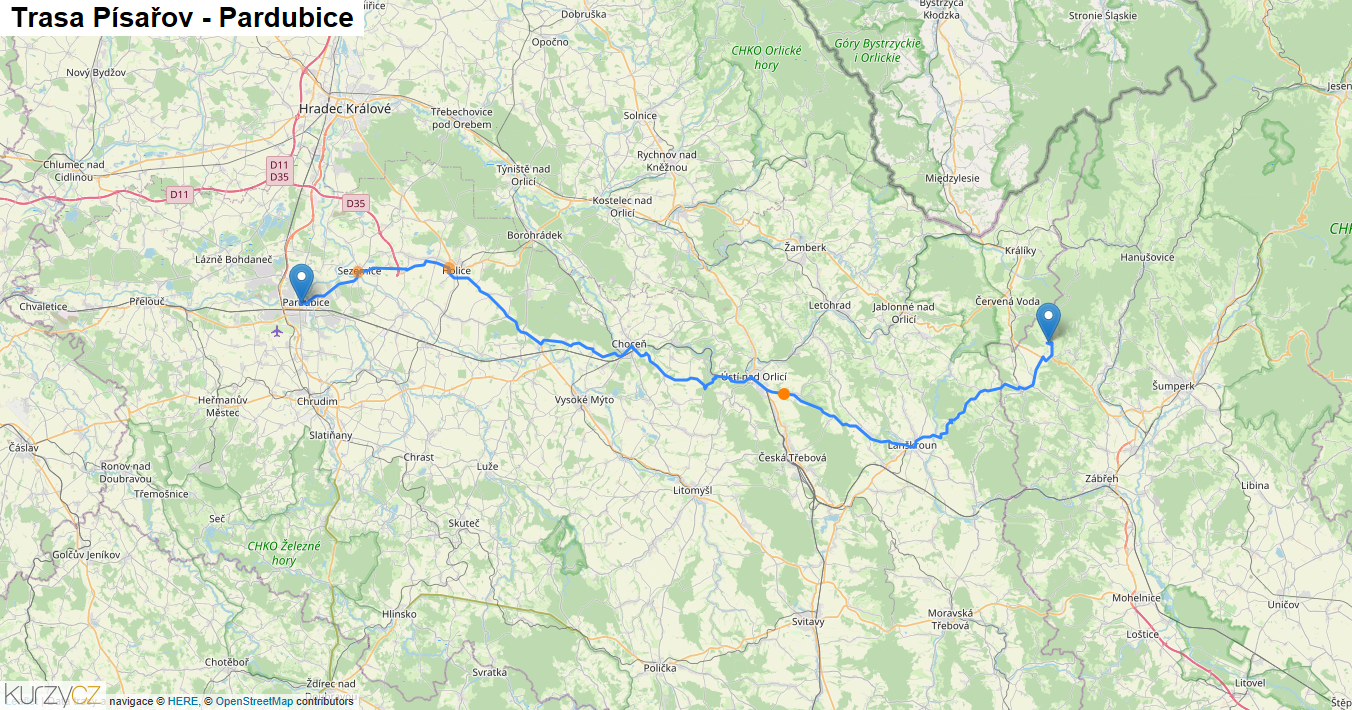 Písařov-Pardubice, mapa trasy