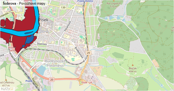 Šobrova - záplavové mapy stoleté vody