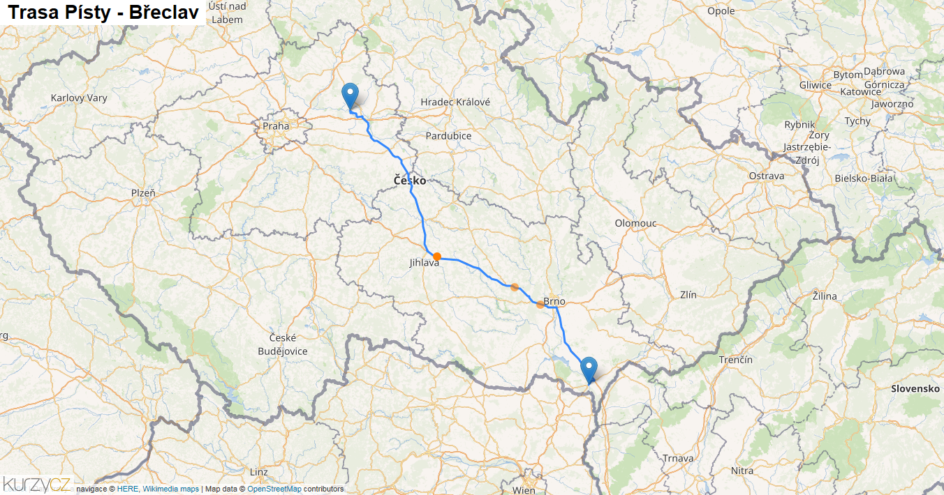 Písty-Břeclav, mapa trasy