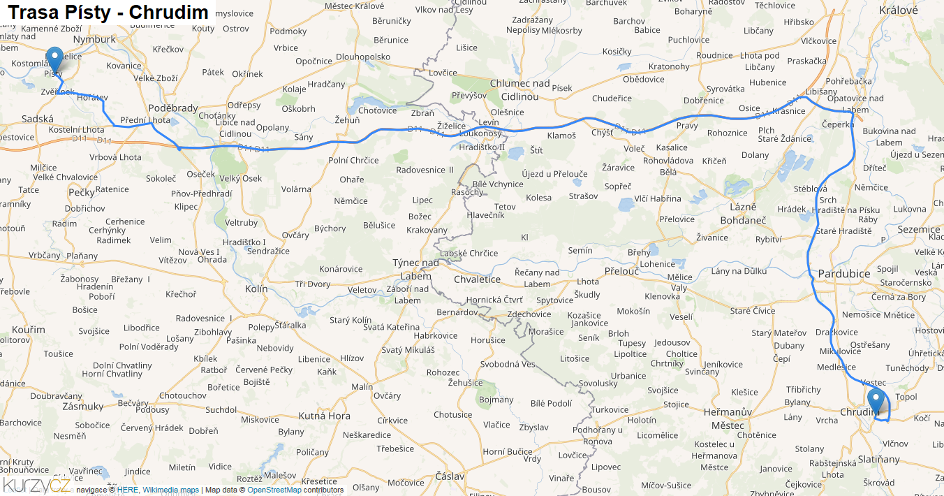 Písty-Chrudim, mapa trasy