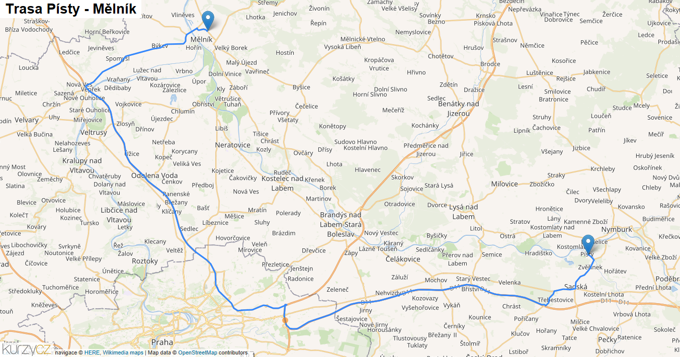 Písty-Mělník, mapa trasy